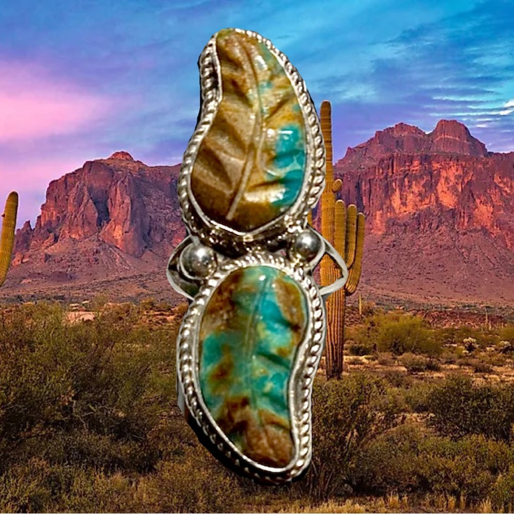 Harry Spencer Carved Turquoise Double Leaf Ring